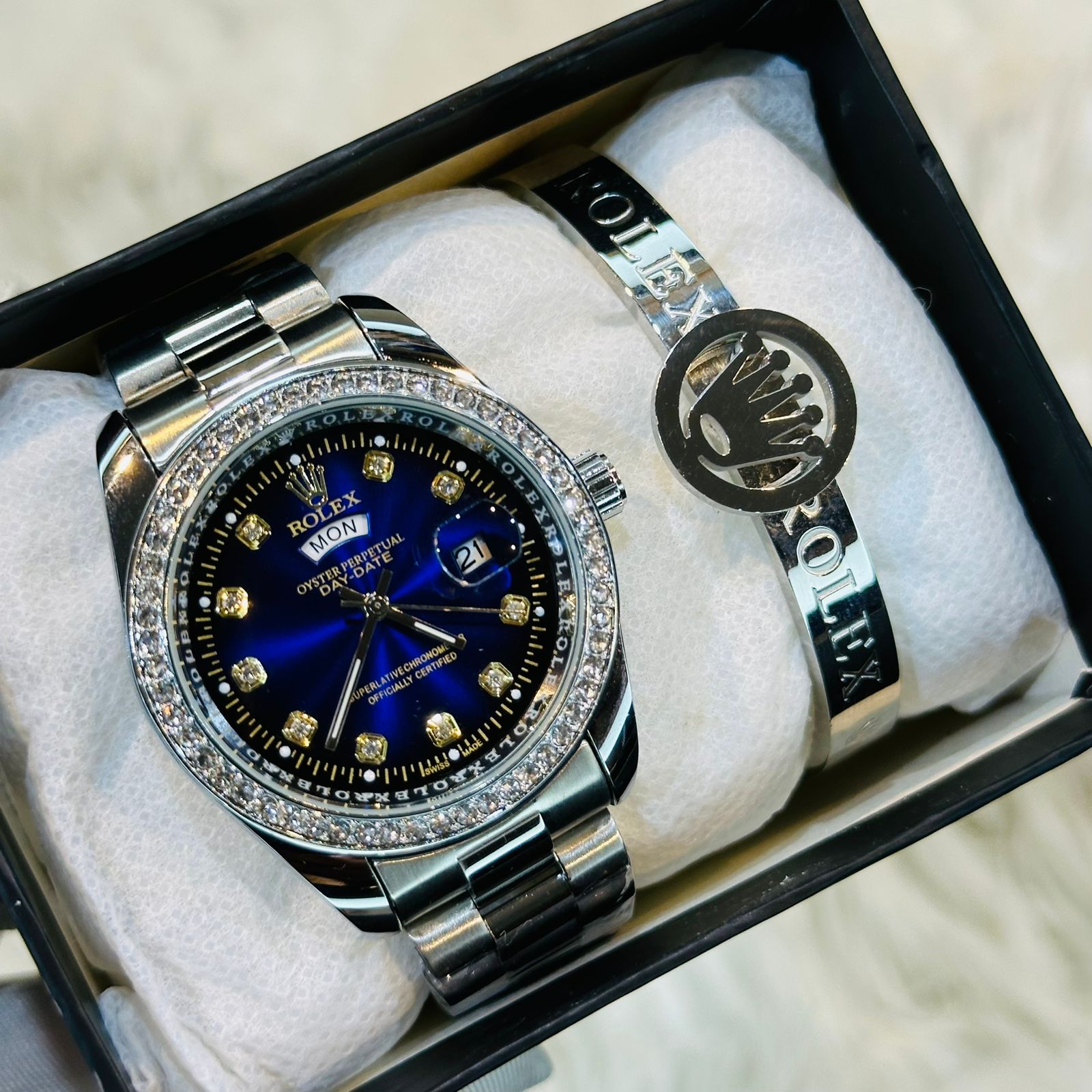Premium Quality Silver Blue Stone Watches & Ring Bracelet