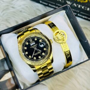 Premium Quality Full Golden Black Carry Watches & Ring Bracelet