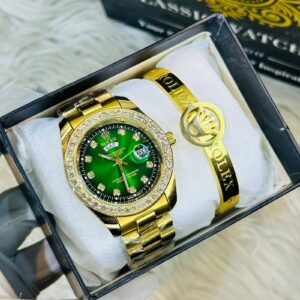 Premium Quality Full Golden Green Watches & Ring Bracelet