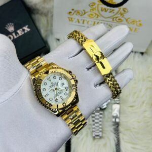 Premium Quality Luxury Sport Gold White Watches & Bracelet Combo